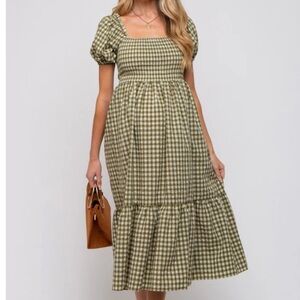 Pink Blush Olive Gingham Smocked Maternity Midi Dress